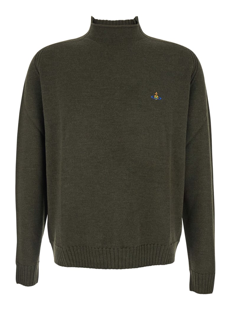 green crew neck sweater with embroidered logo by Selfnex