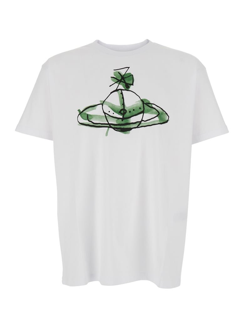 white crew neck t-shirt with orb print by Selfnex