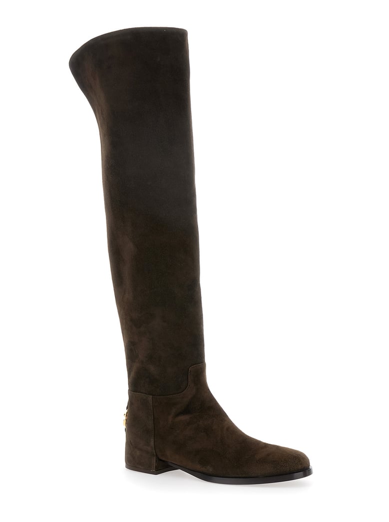 brown knee-high boots with logo plaque by Selfnex
