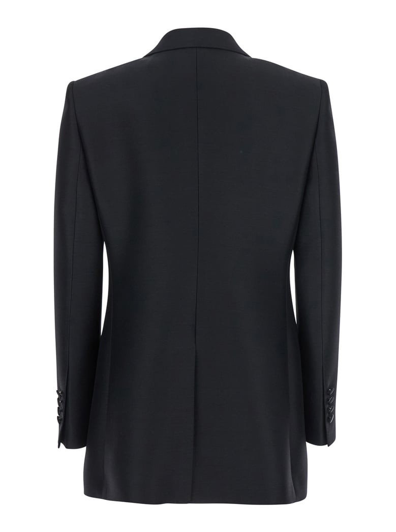black double-breasted wool and silk jacket by Selfnex