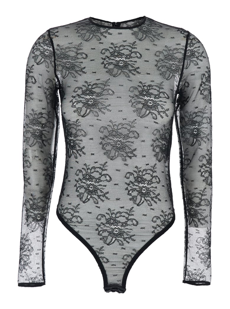 black bodysuit with floral embroidery by Selfnex