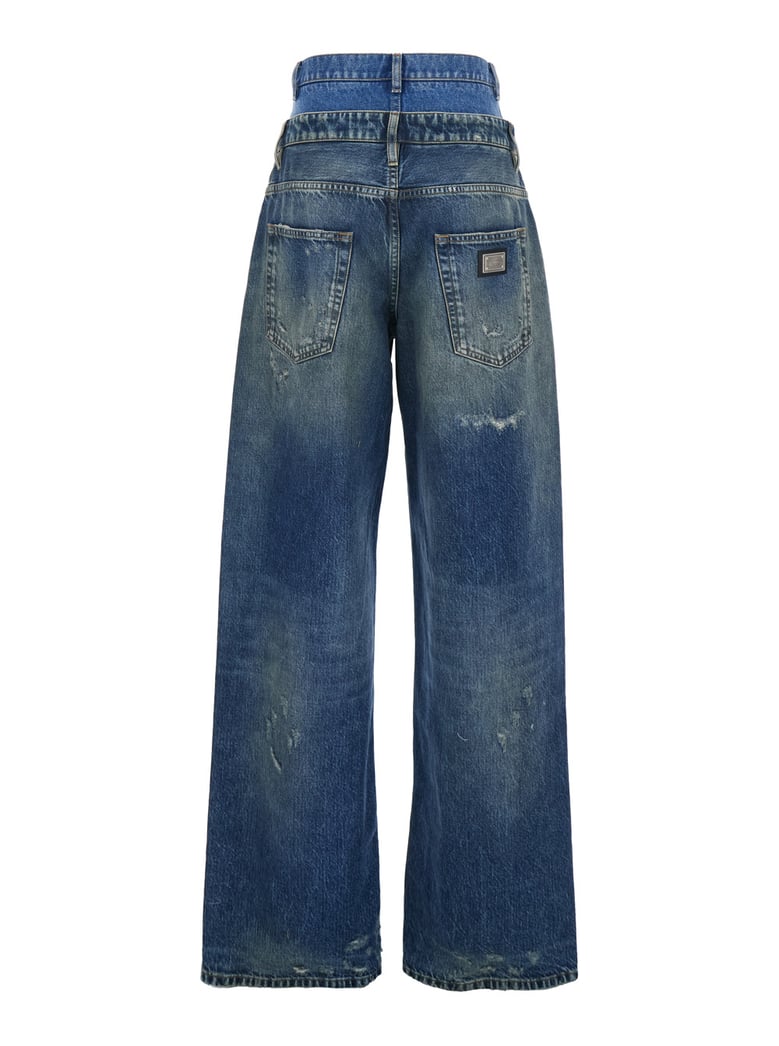 blue layered design distressed jeans by Selfnex