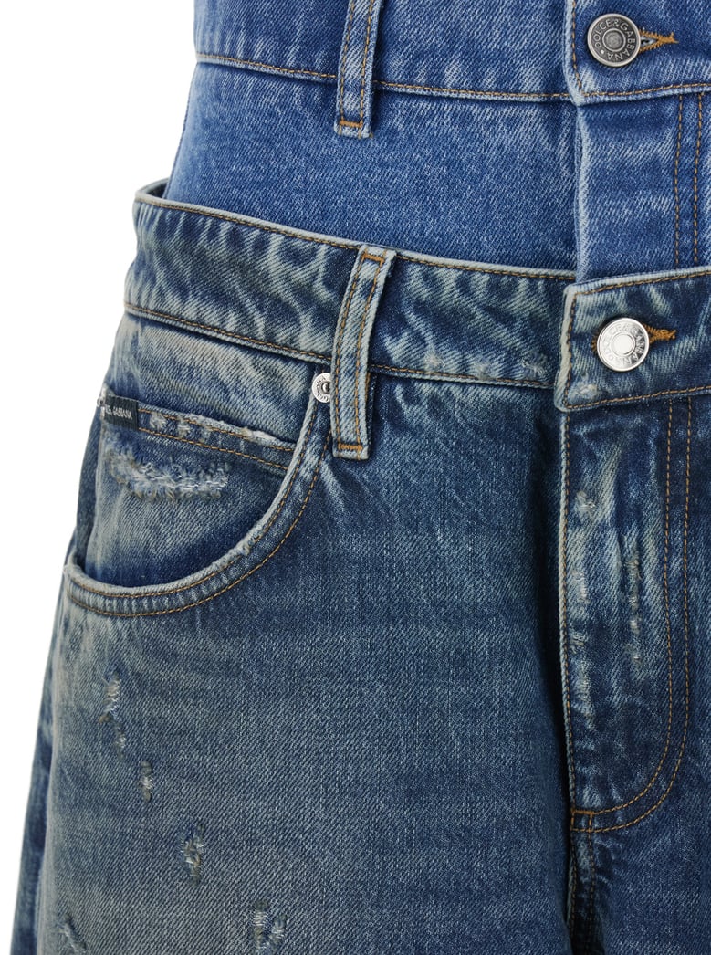 blue layered design distressed jeans by Selfnex
