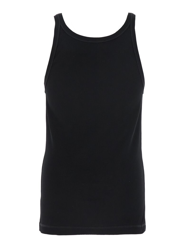 black sleeveless top with logo embroidery by Selfnex