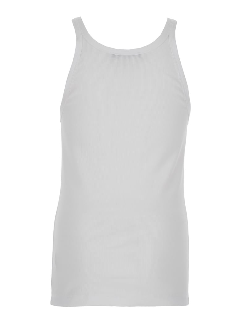 white sleeveless top with logo embroidery by Selfnex
