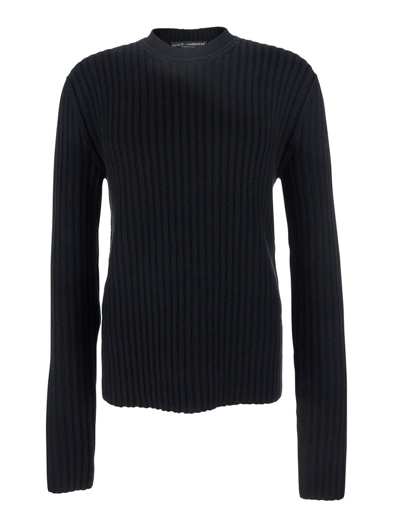 black ribbed knit crewneck sweater with logo patch by Selfnex
