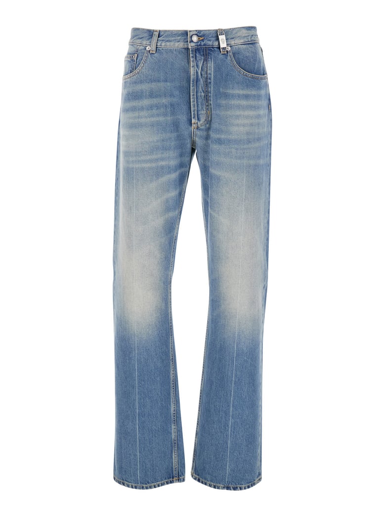 blue high waisted jeans with logo details by Selfnex