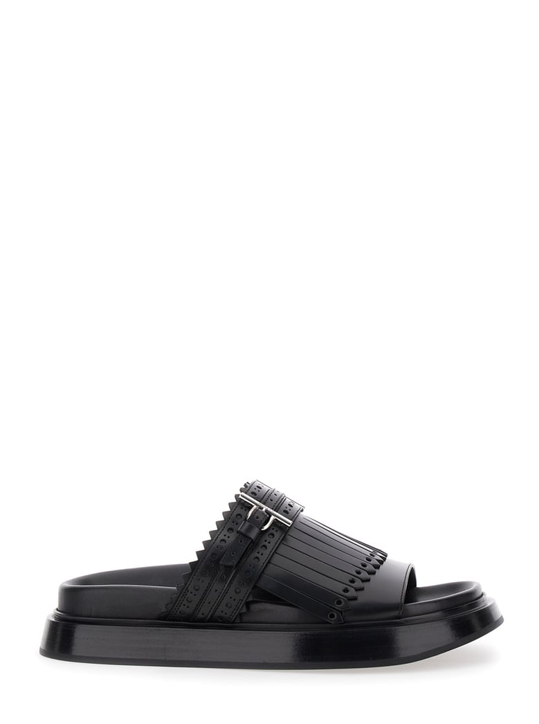 black sandals with decorative t-buckle strap by Selfnex
