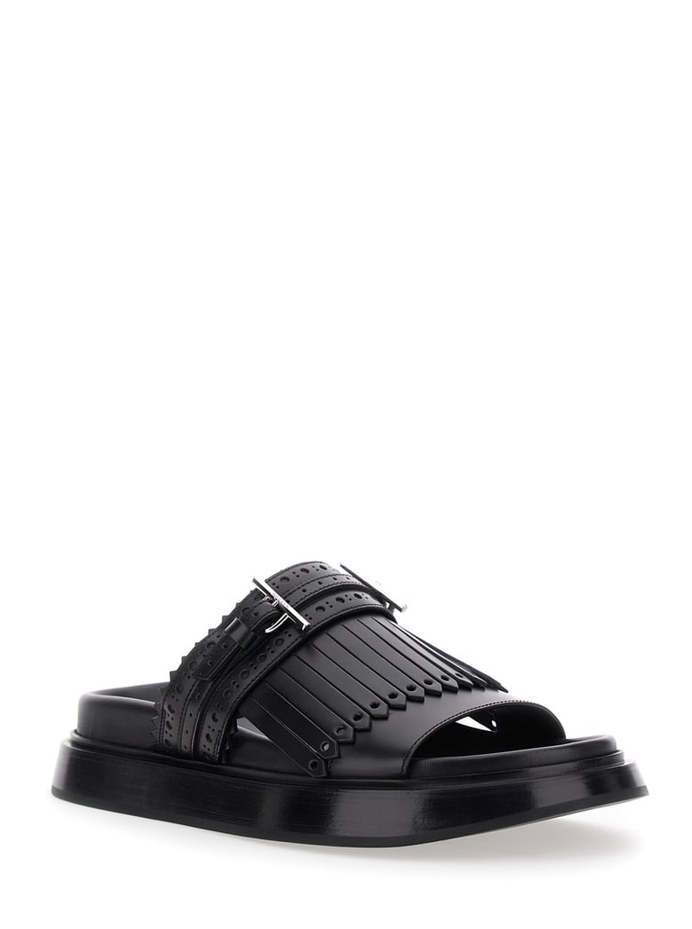 black sandals with decorative t-buckle strap by Selfnex