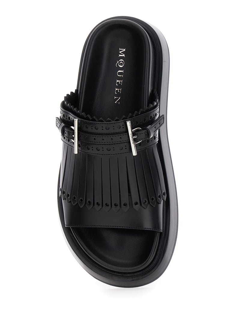 black sandals with decorative t-buckle strap by Selfnex