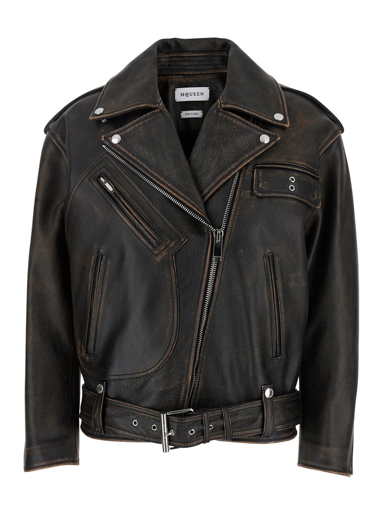 antiqued brown biker jacket with wide lapels by Selfnex