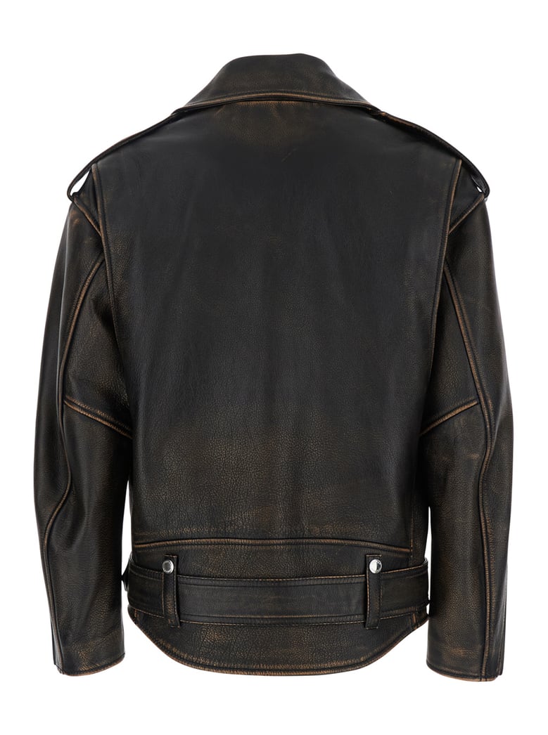 antiqued brown biker jacket with wide lapels by Selfnex