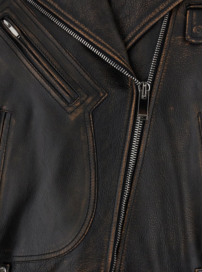 antiqued brown biker jacket with wide lapels by Selfnex