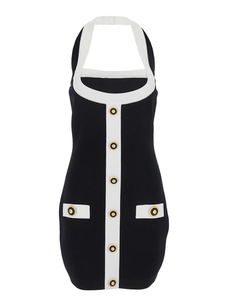 black dress with square neckline and decorative buttons by Selfnex