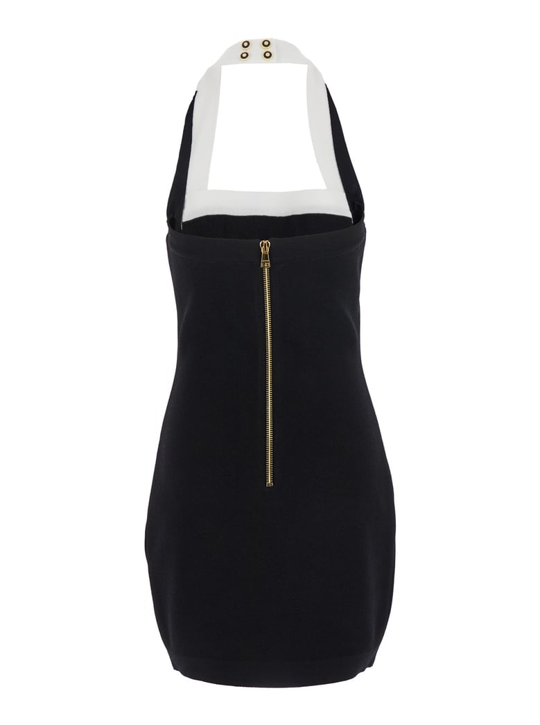 black dress with square neckline and decorative buttons by Selfnex