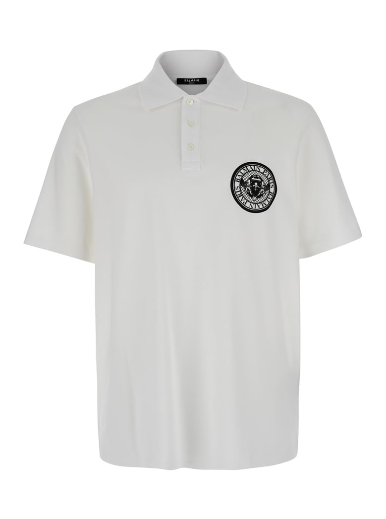 white polo shirt with coin print by Selfnex