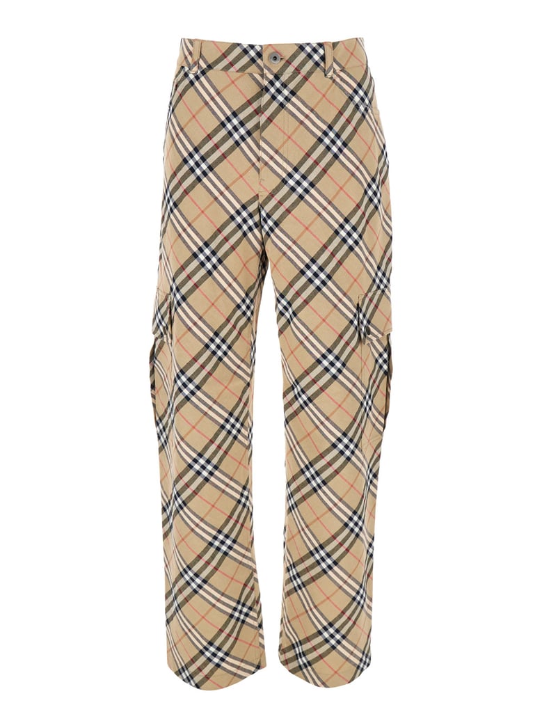 beige cargo pants with vintage check motif by Selfnex