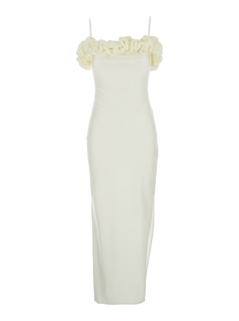 white sleeveless long dress with asymmetric hem by Selfnex