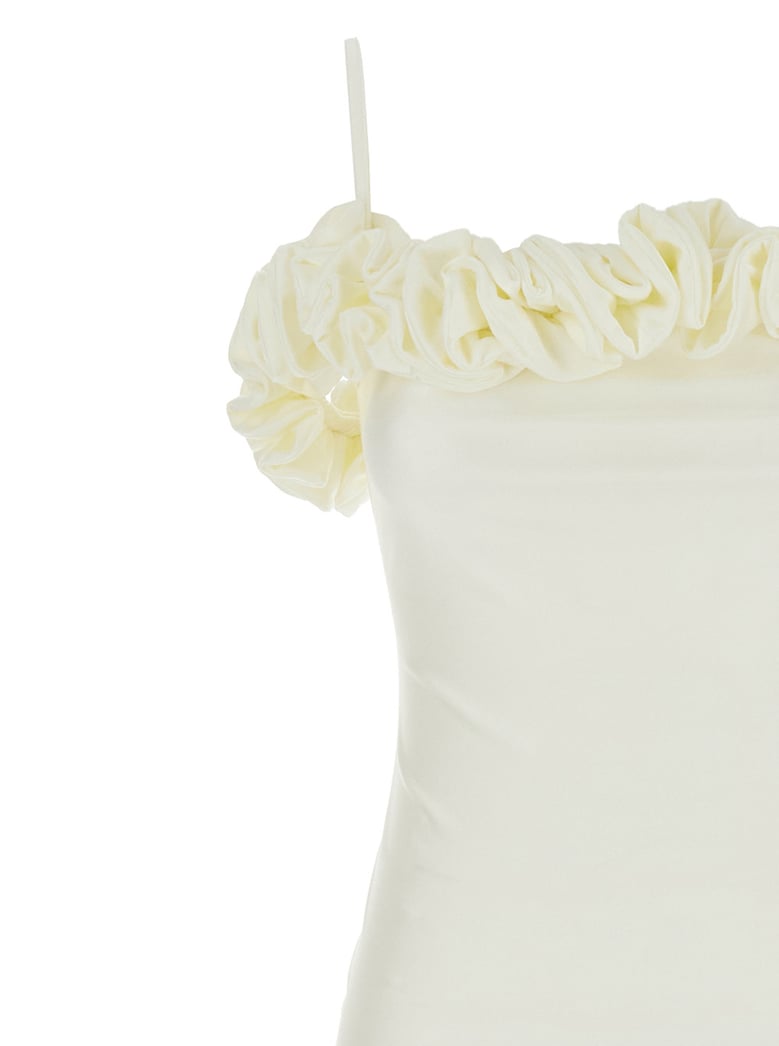 white sleeveless long dress with asymmetric hem by Selfnex