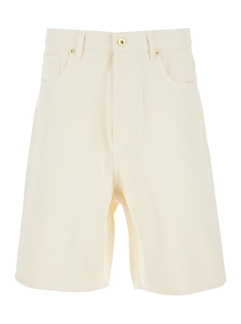 white wide leg shorts with logo patch by Selfnex