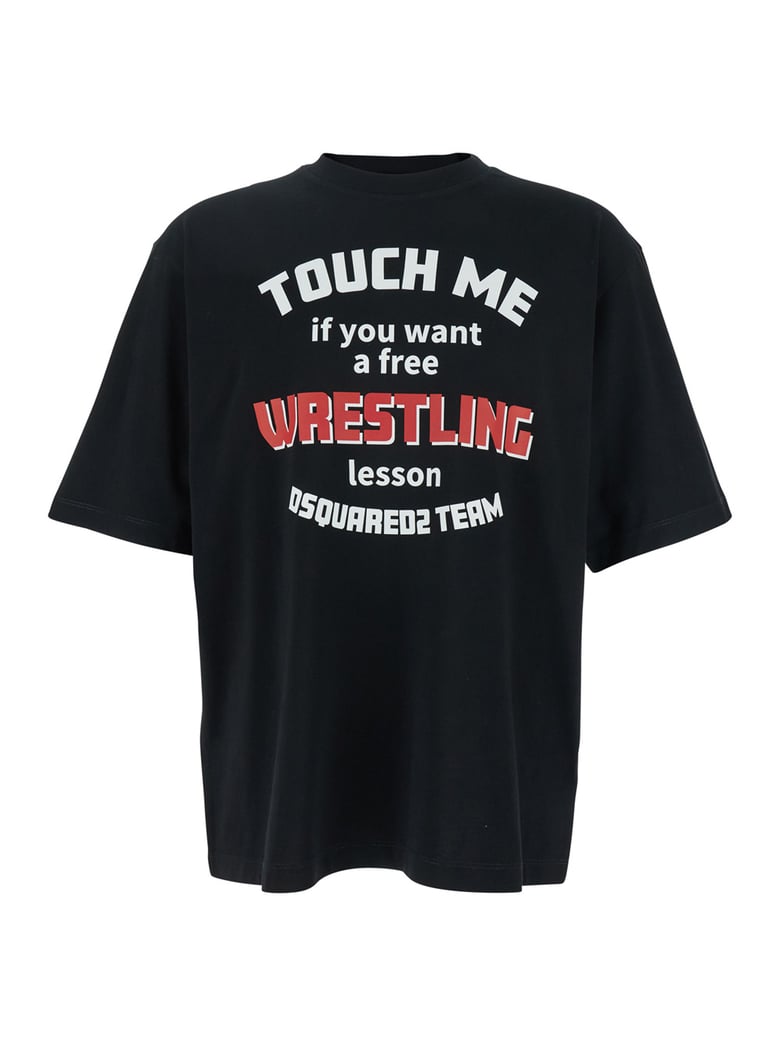 black crewneck t-shirt with front print by Selfnex