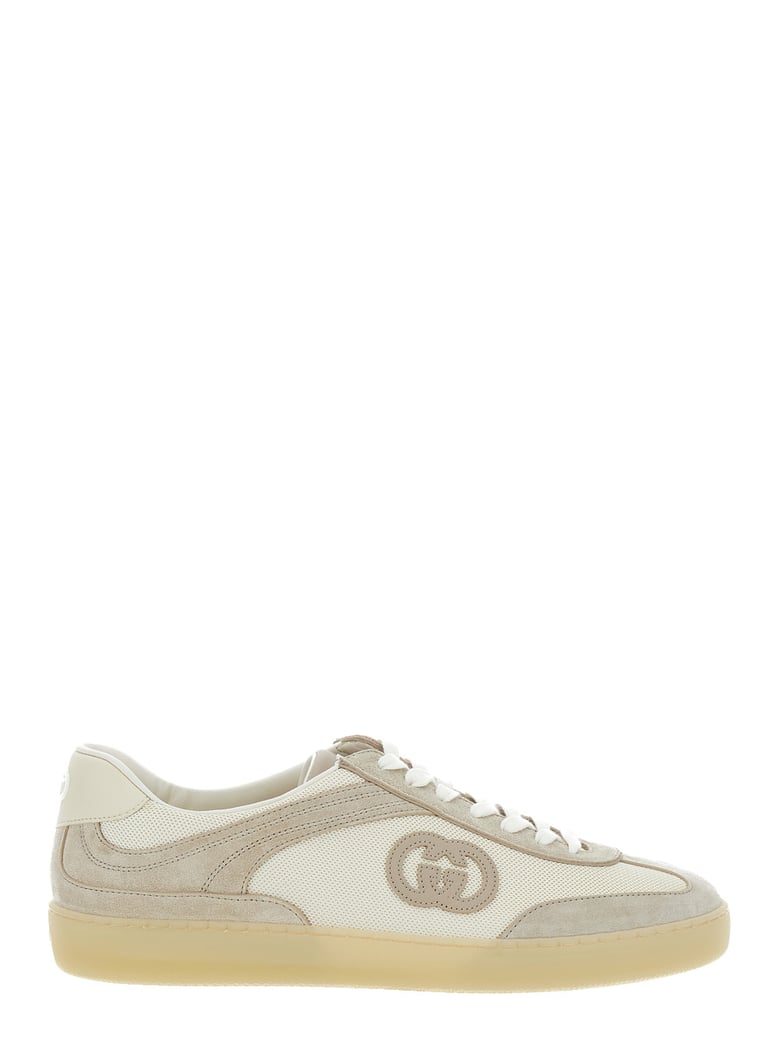 beige low top sneakers with logo patch by Selfnex