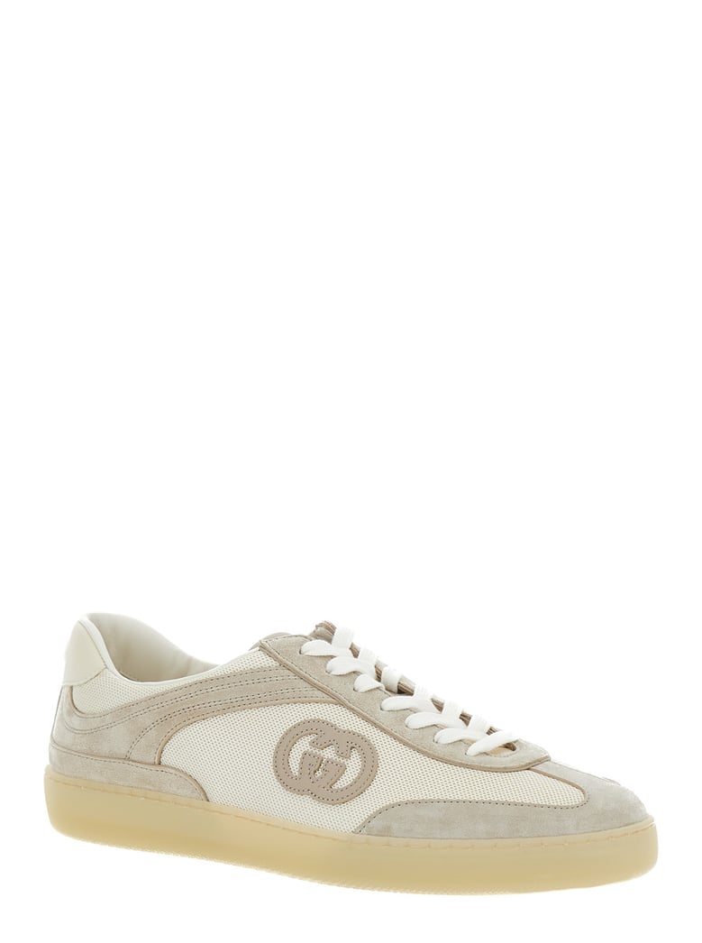 beige low top sneakers with logo patch by Selfnex