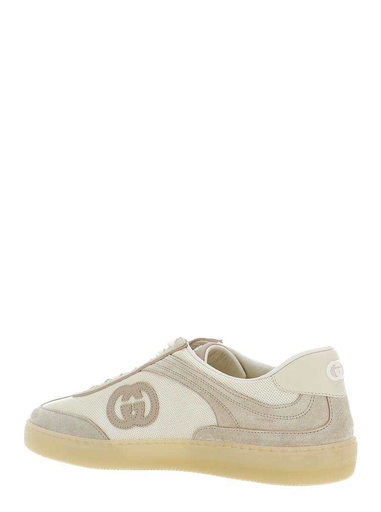 beige low top sneakers with logo patch by Selfnex