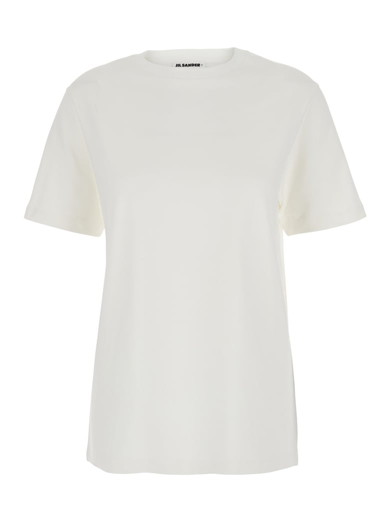 white crewneck t-shirt with logo patch by Selfnex