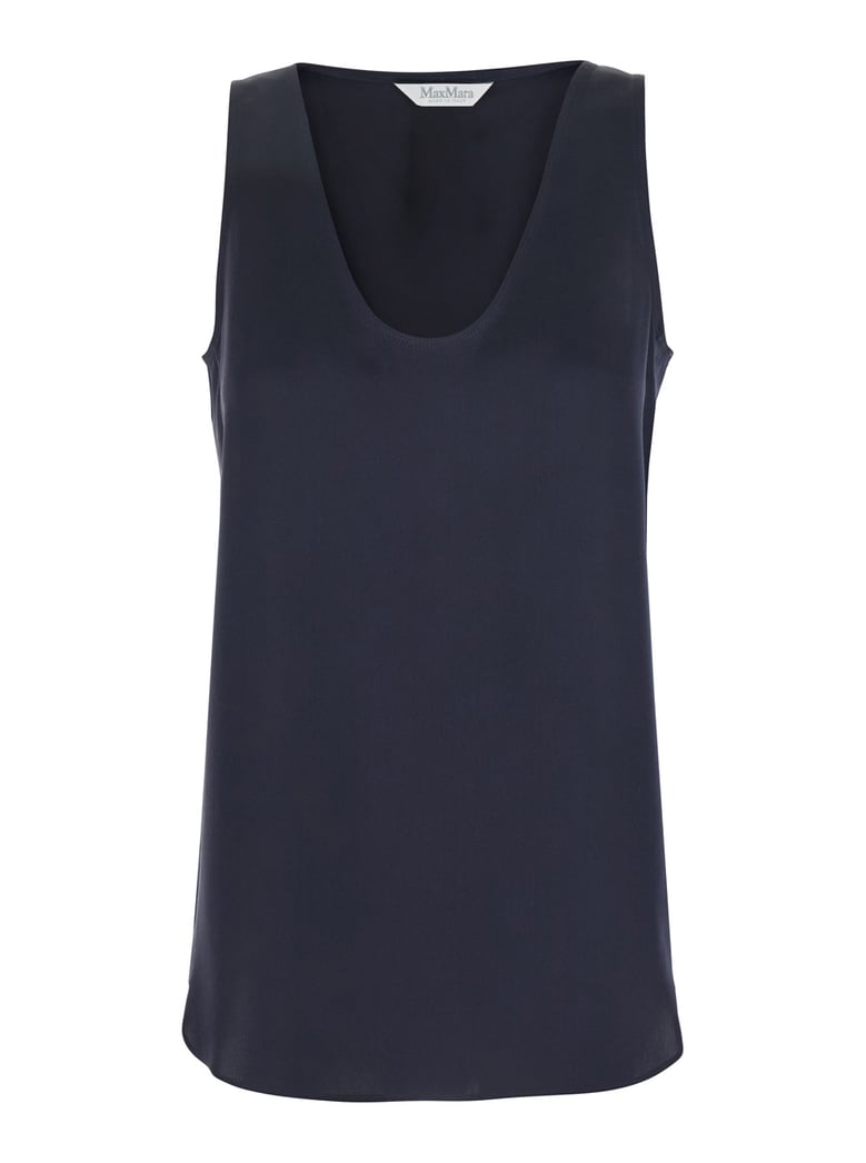 blue sleeveless top with round neck in silk by Selfnex