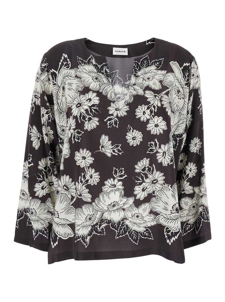 white and black floral silk blouse by Selfnex