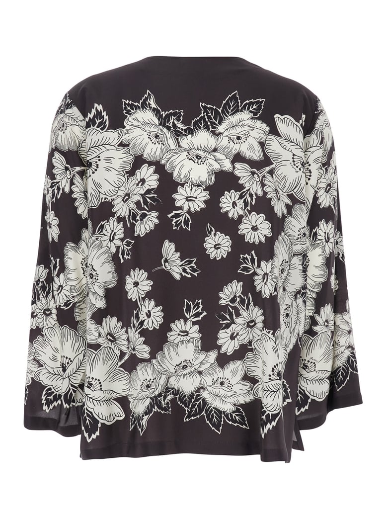 white and black floral silk blouse by Selfnex