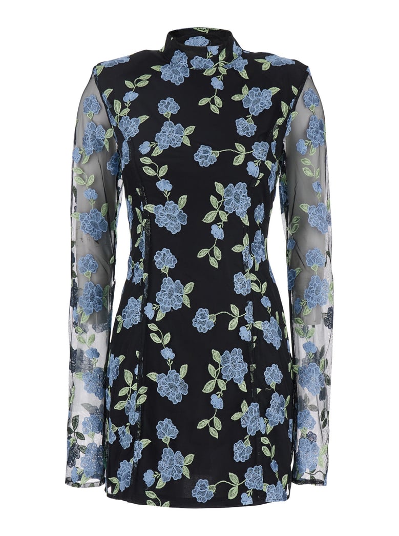 black high neck mini dress with floral motif by Selfnex