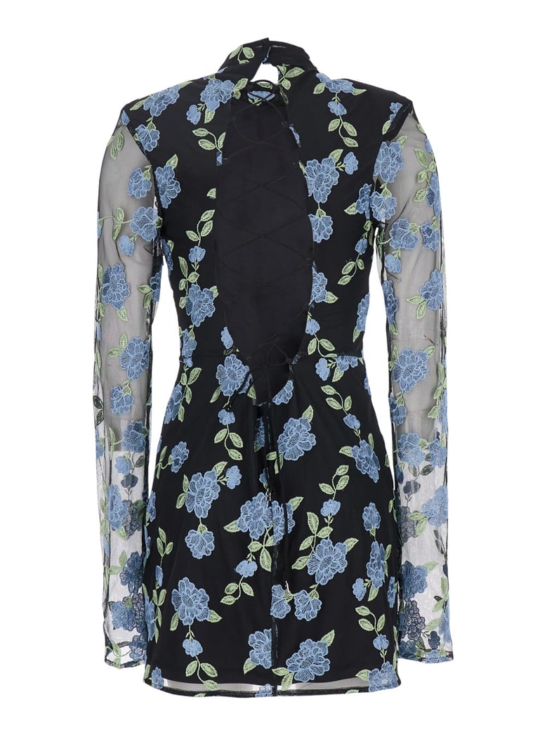 black high neck mini dress with floral motif by Selfnex
