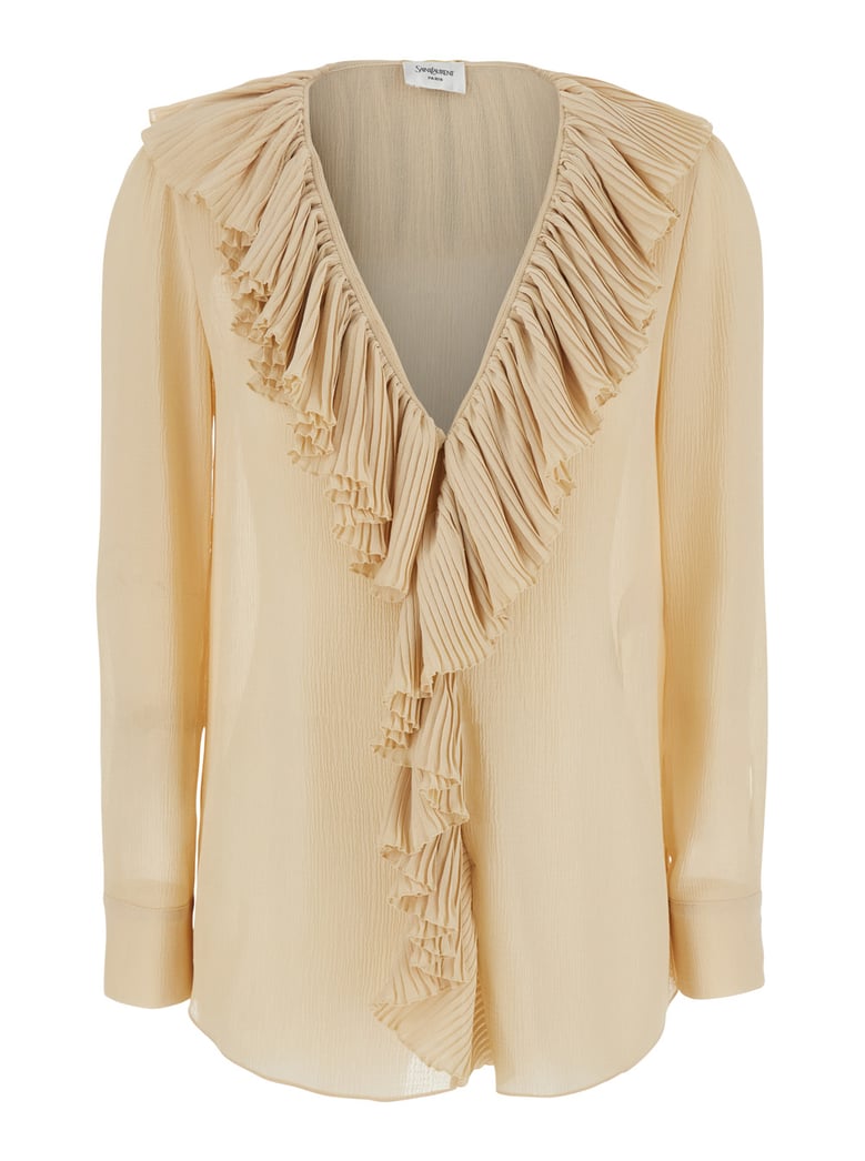 beige silk blouse with v neck and ruffles by Selfnex