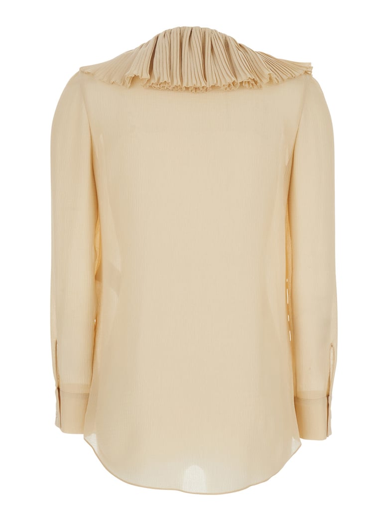 beige silk blouse with v neck and ruffles by Selfnex