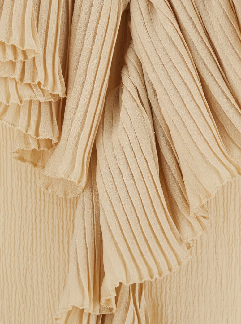 beige silk blouse with v neck and ruffles by Selfnex
