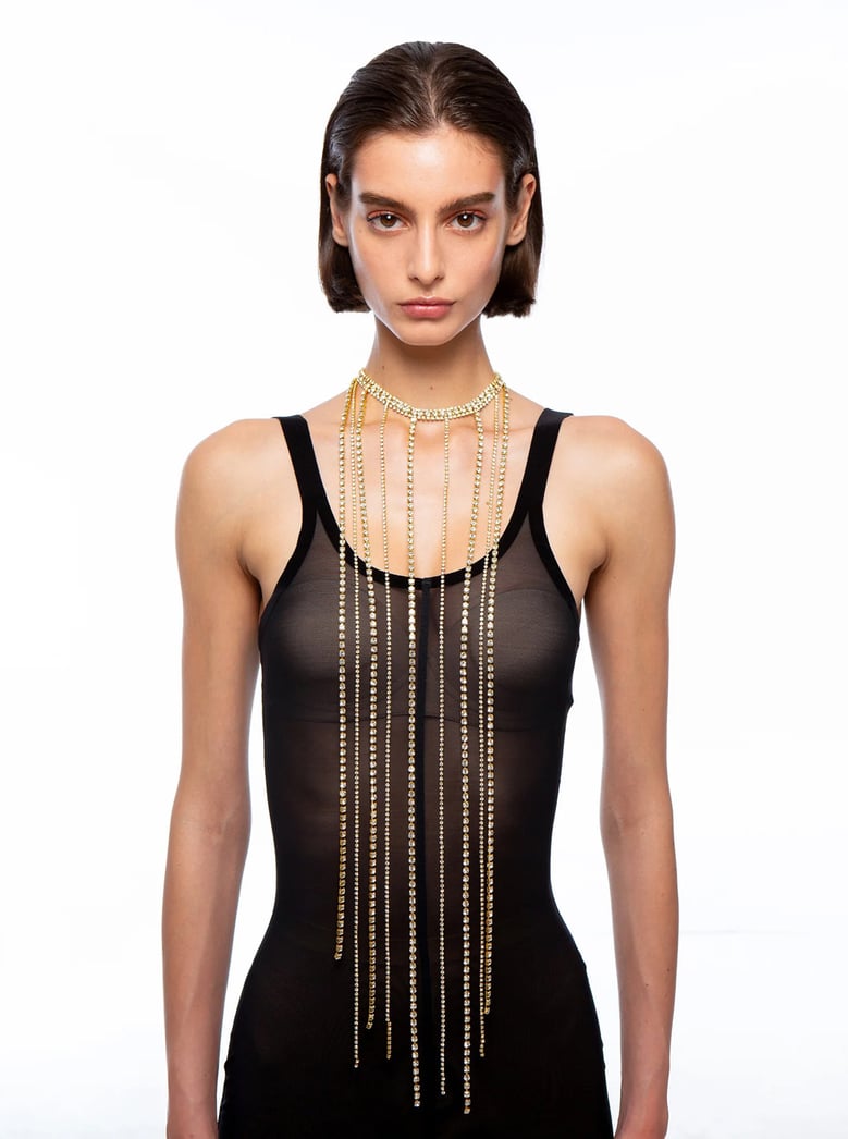 metallic-colored necklace with glass crystals by Selfnex