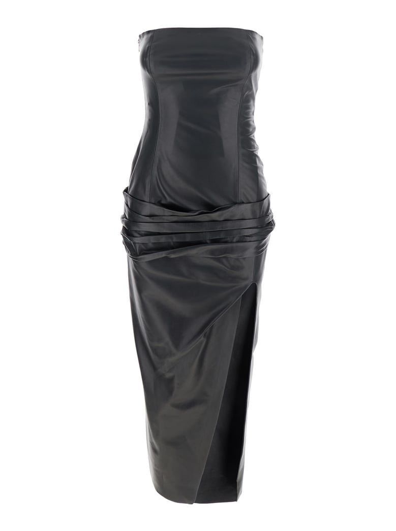 black off-shoulder leather midi dress by Selfnex