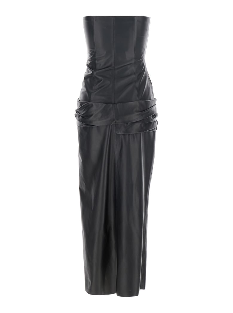 black off-shoulder leather midi dress by Selfnex
