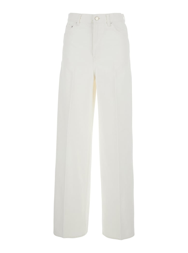 white wide leg jeans with logo patch by Selfnex