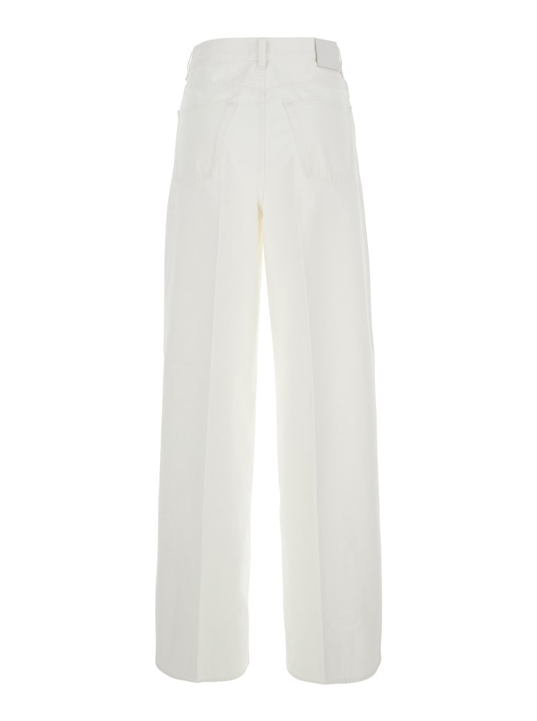 white wide leg jeans with logo patch by Selfnex