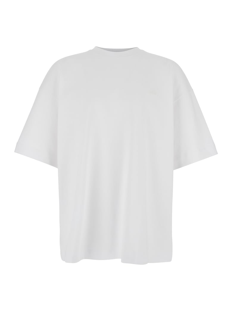 white t-shirt with tone-on-tone logo by Selfnex