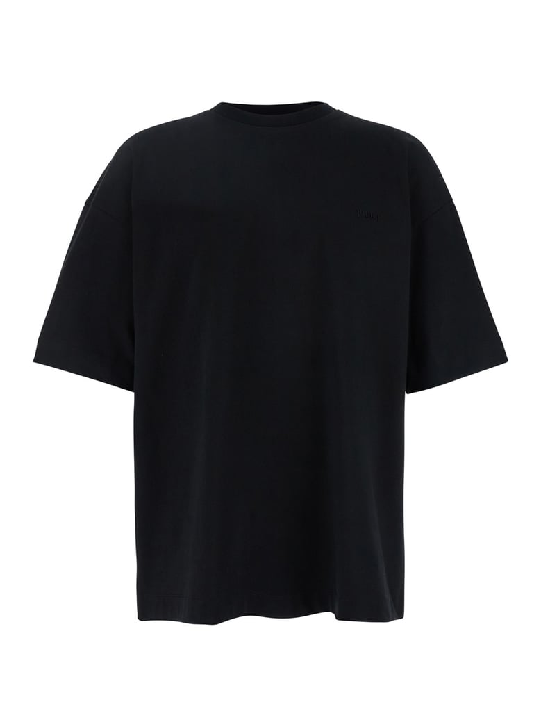black t-shirt with embroidered logo by Selfnex