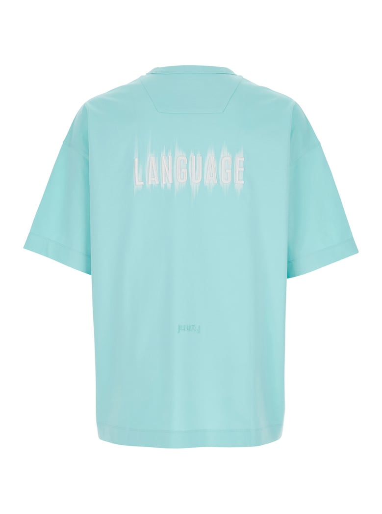 light blue t-shirt with logo and print by Selfnex