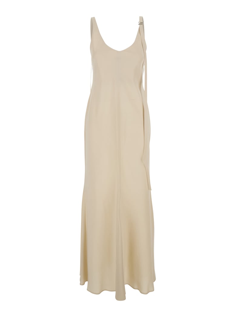 beige long dress with v-neck and adjustable straps by Selfnex