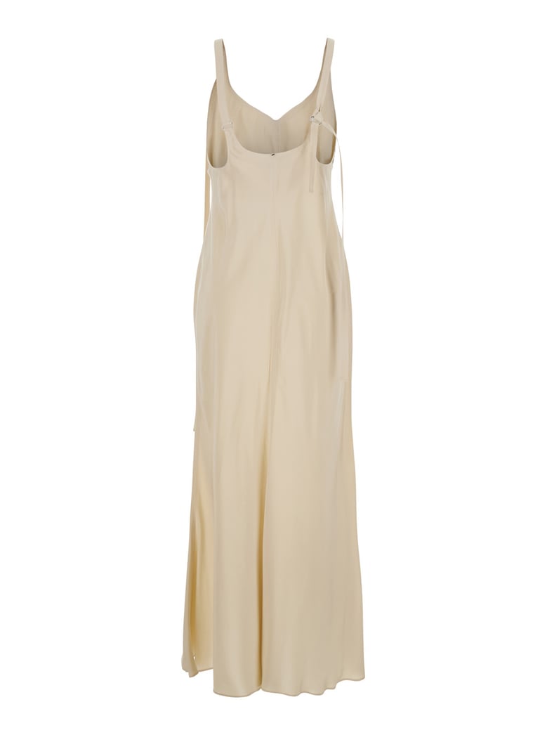 beige long dress with v-neck and adjustable straps by Selfnex