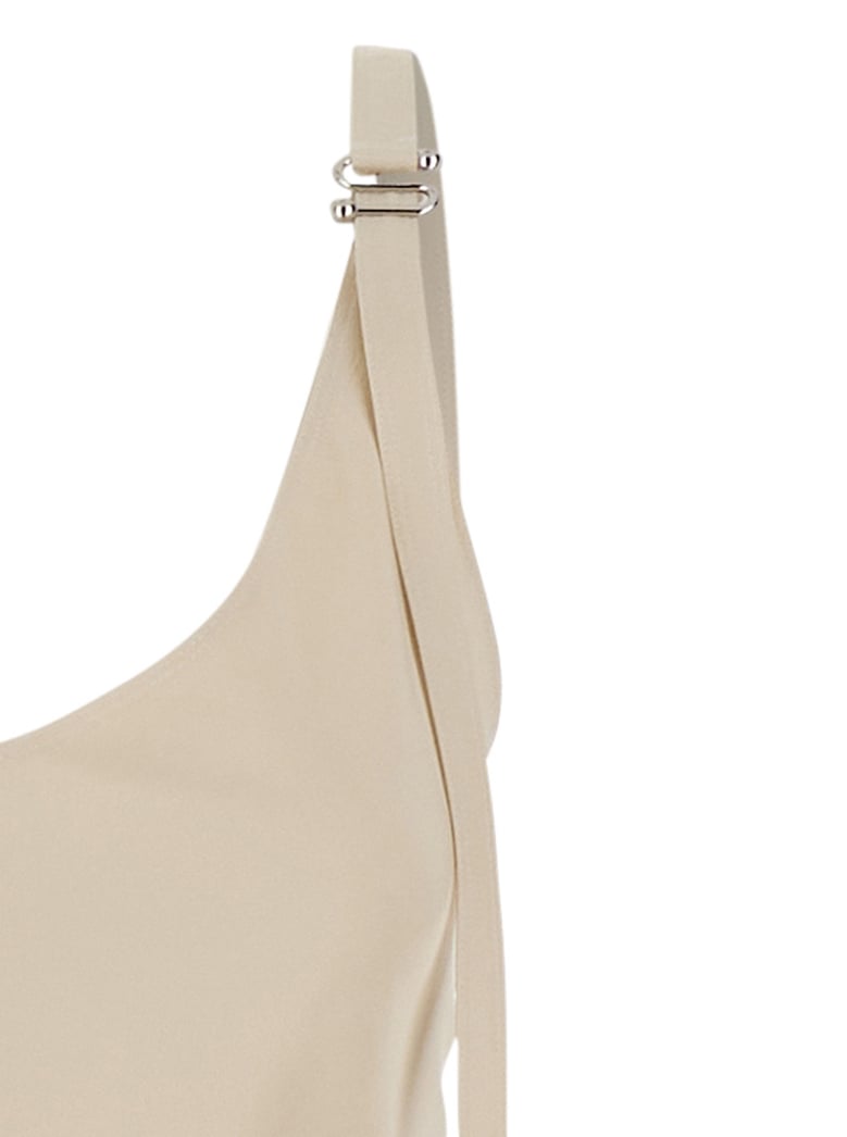 beige long dress with v-neck and adjustable straps by Selfnex