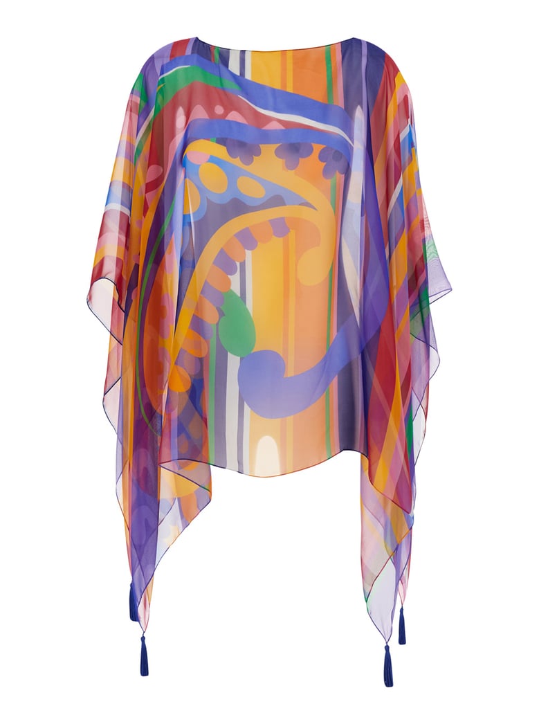 cape with multicolour print, silk tassels by Selfnex