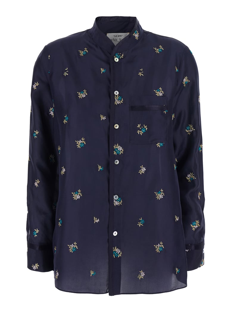 shirt with mandarin collar, silk blue by Selfnex